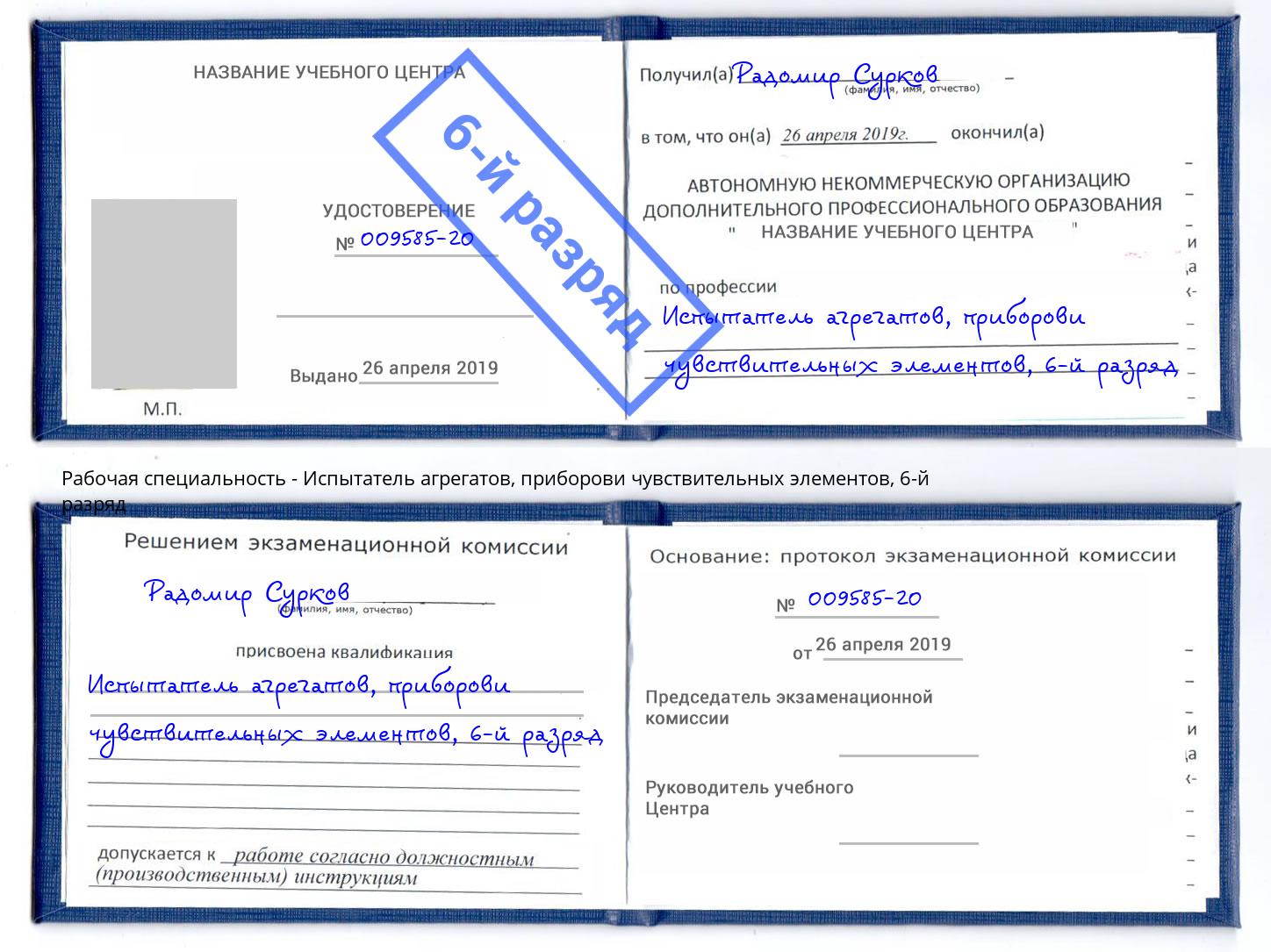 корочка 6-й разряд Испытатель агрегатов, приборови чувствительных элементов Курган