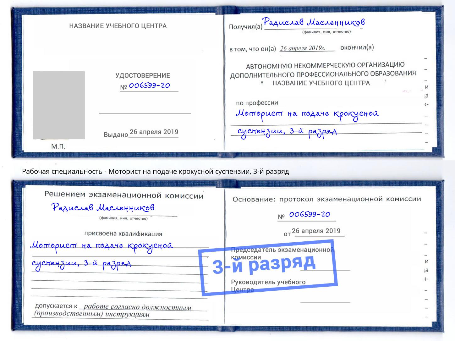 корочка 3-й разряд Моторист на подаче крокусной суспензии Курган