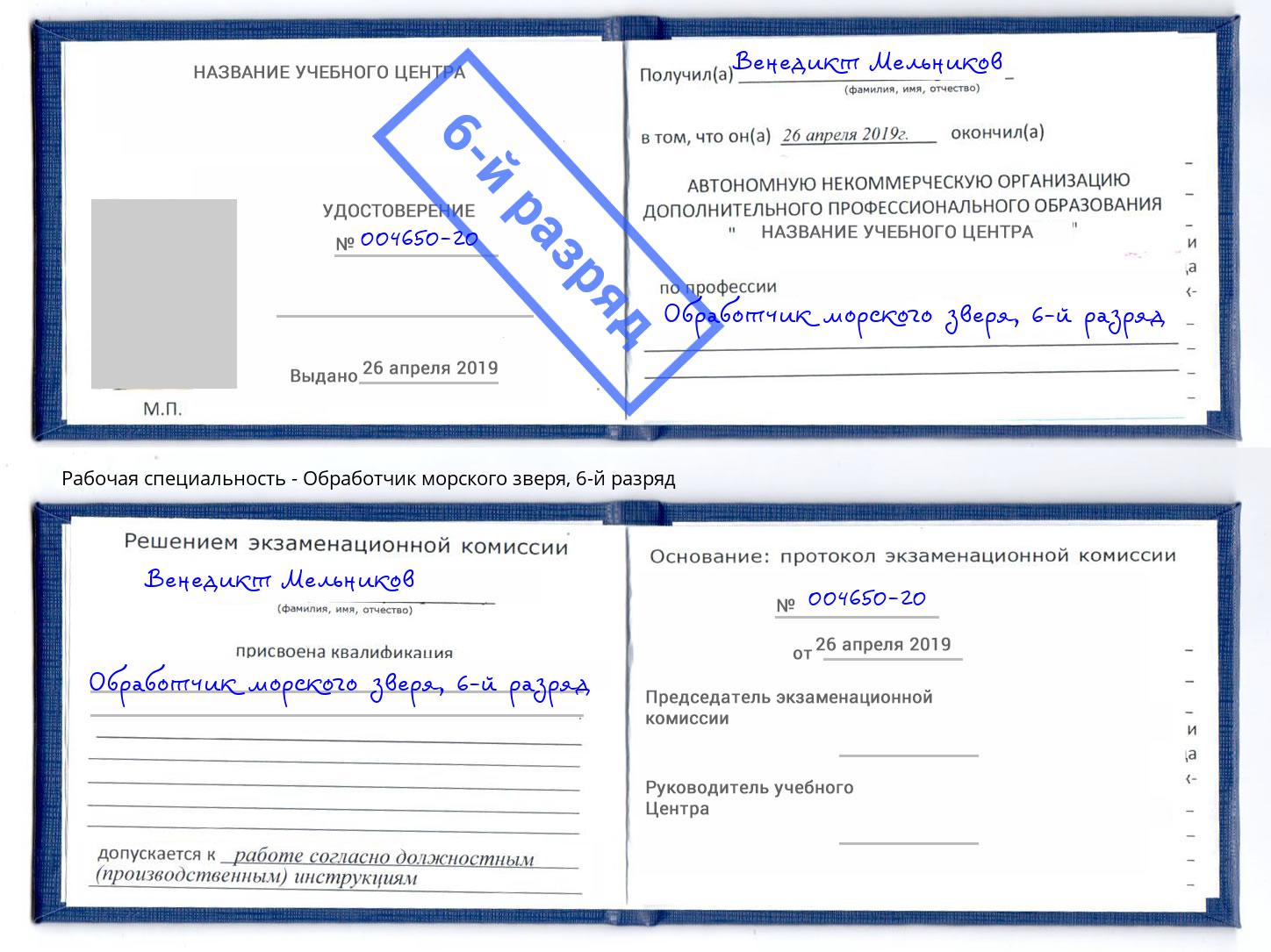 корочка 6-й разряд Обработчик морского зверя Курган
