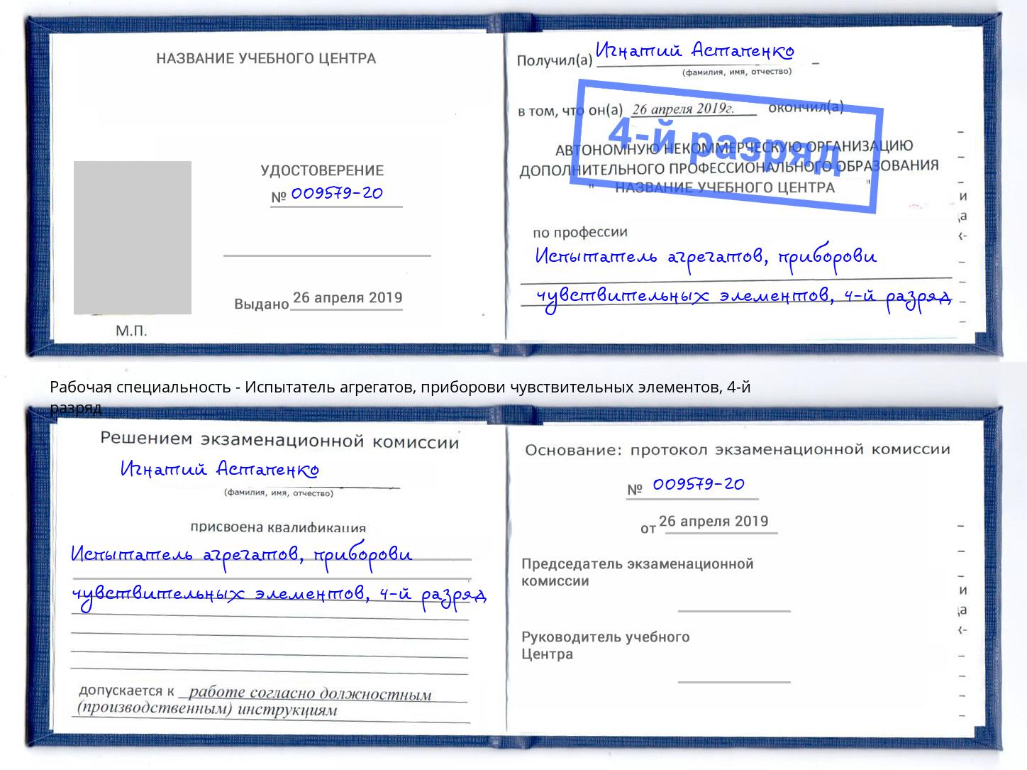 корочка 4-й разряд Испытатель агрегатов, приборови чувствительных элементов Курган