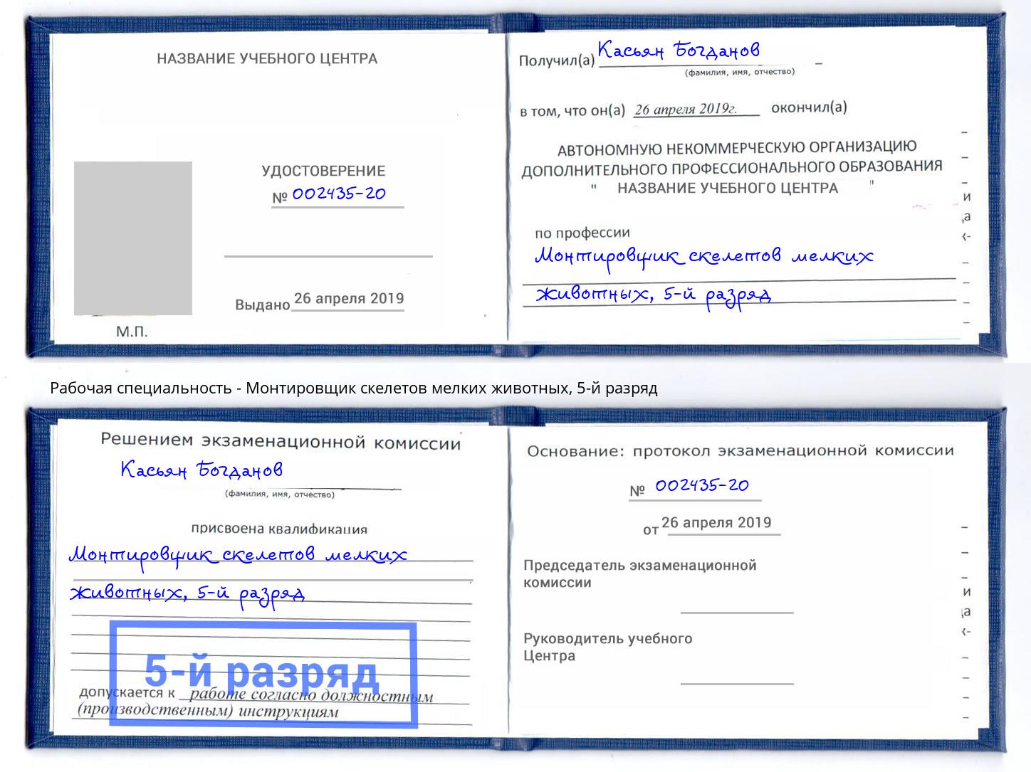 корочка 5-й разряд Монтировщик скелетов мелких животных Курган