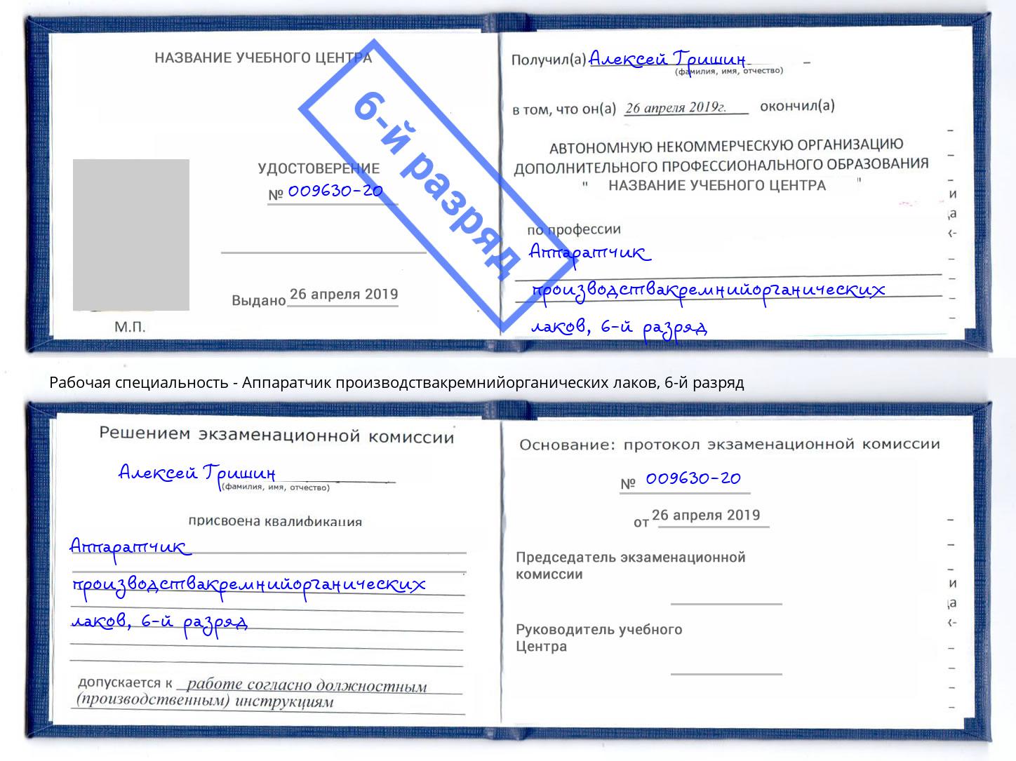 корочка 6-й разряд Аппаратчик производствакремнийорганических лаков Курган