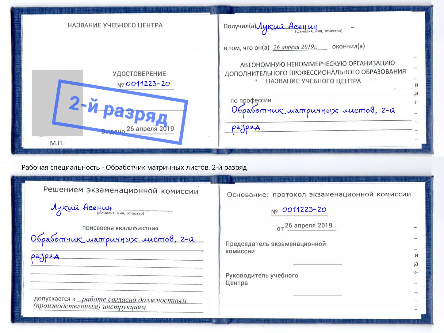 корочка 2-й разряд Обработчик матричных листов Курган